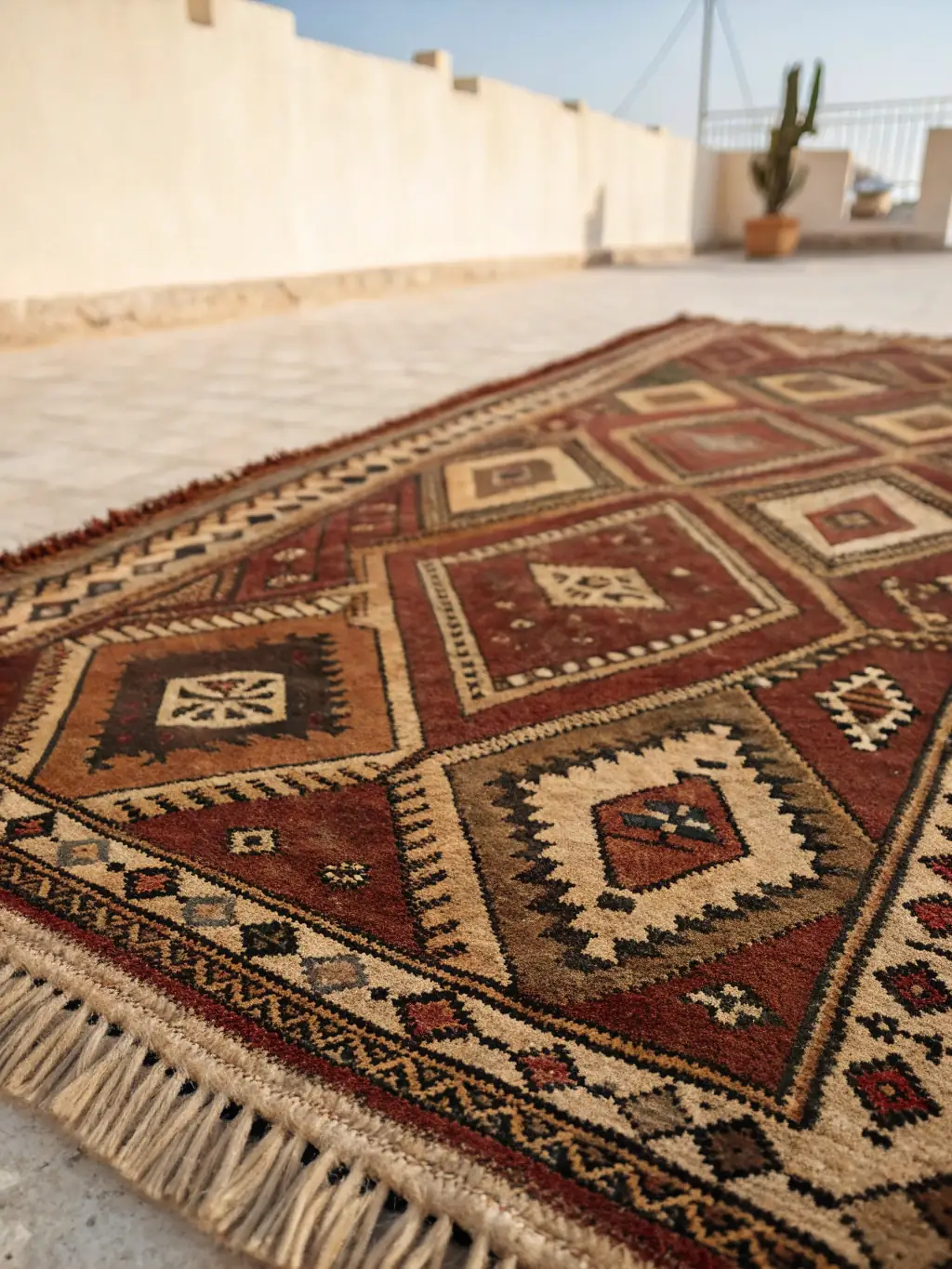 A close-up shot of a soft, plush boucle rug with a unique pattern, showcasing its texture and high-quality craftsmanship. The rug should be placed on a light-colored wooden floor.