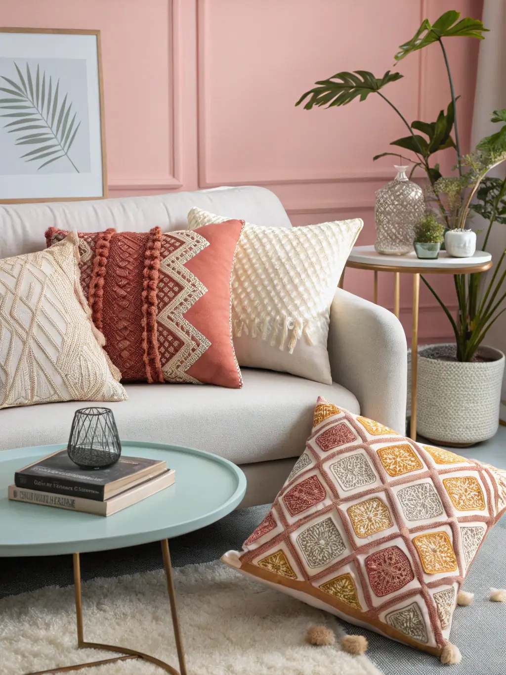 A visually appealing image of a set of decorative cushions with intricate patterns and vibrant colors, arranged on a sofa in a living room setting. The cushions should complement the overall decor.