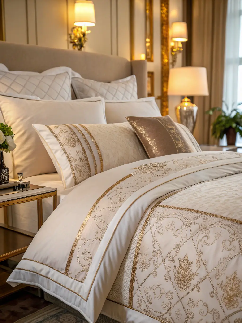 A high-quality image of a luxurious, textured bedspread in a neutral color, draped elegantly over a bed in a modern bedroom setting. The scene should evoke comfort and sophistication.