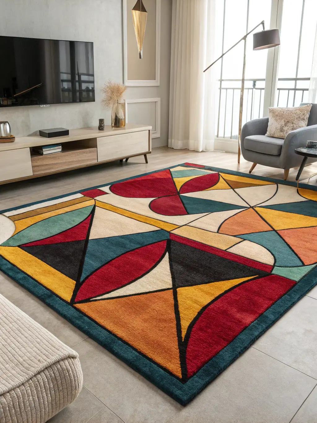 A high-angle shot of a gray boucle rug in a modern living room setting. The rug is paired with a sleek sofa and minimalist decor, creating a sophisticated look.