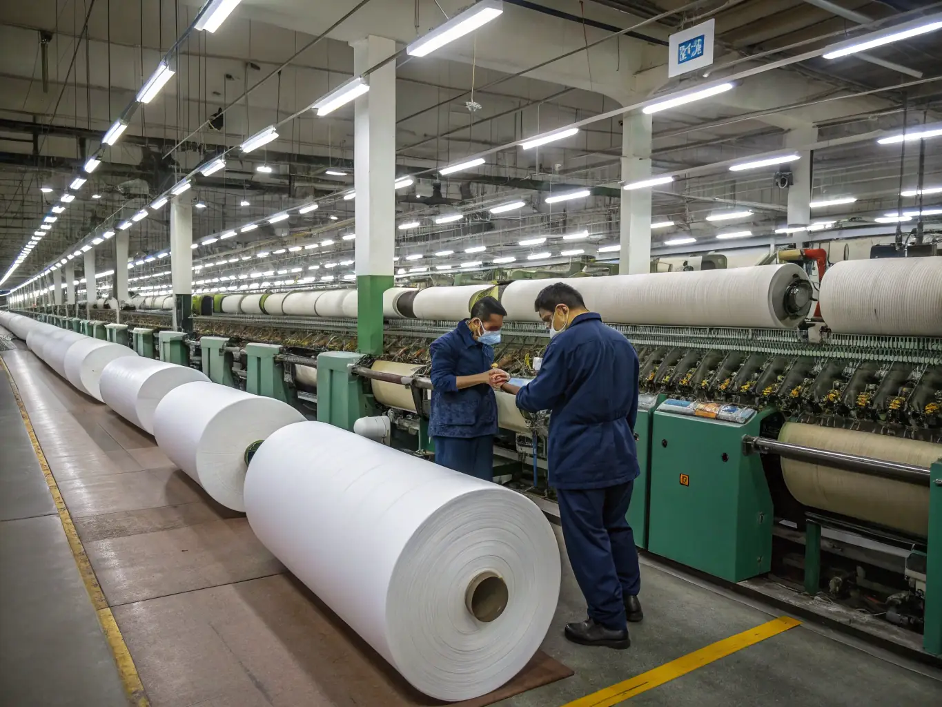 A brightly lit factory floor in Turkey, showcasing the production of high-quality home textiles with modern machinery and skilled workers, emphasizing the direct-from-manufacturer advantage of Nikar Home.