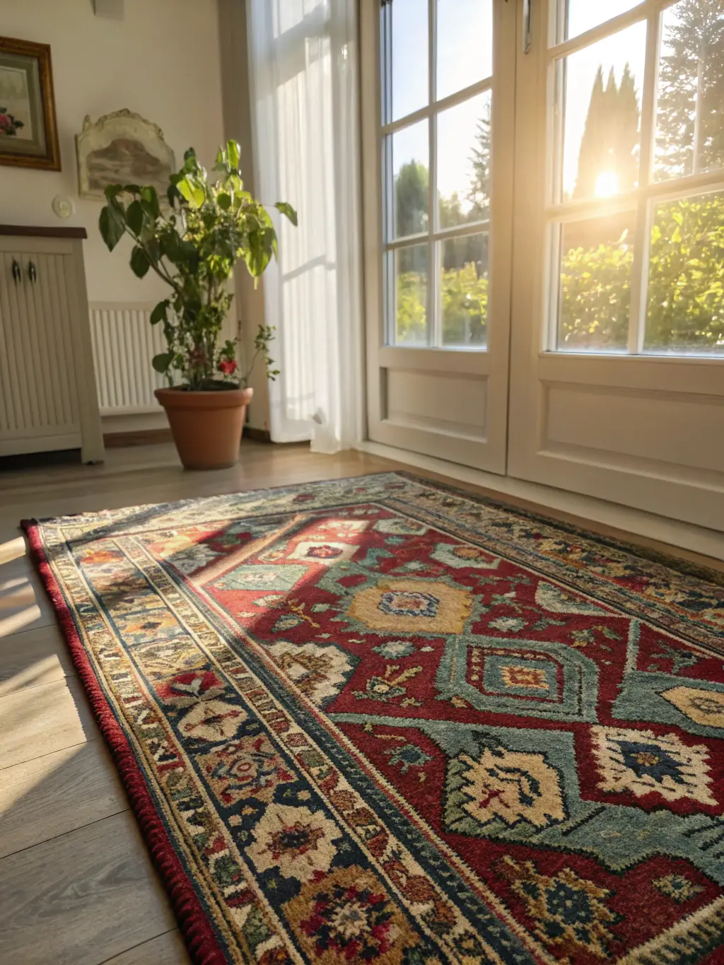 A close-up shot of a cream-colored boucle rug, showcasing its soft, textured loops and luxurious feel. The rug is placed on a light wooden floor, creating a warm and inviting atmosphere.