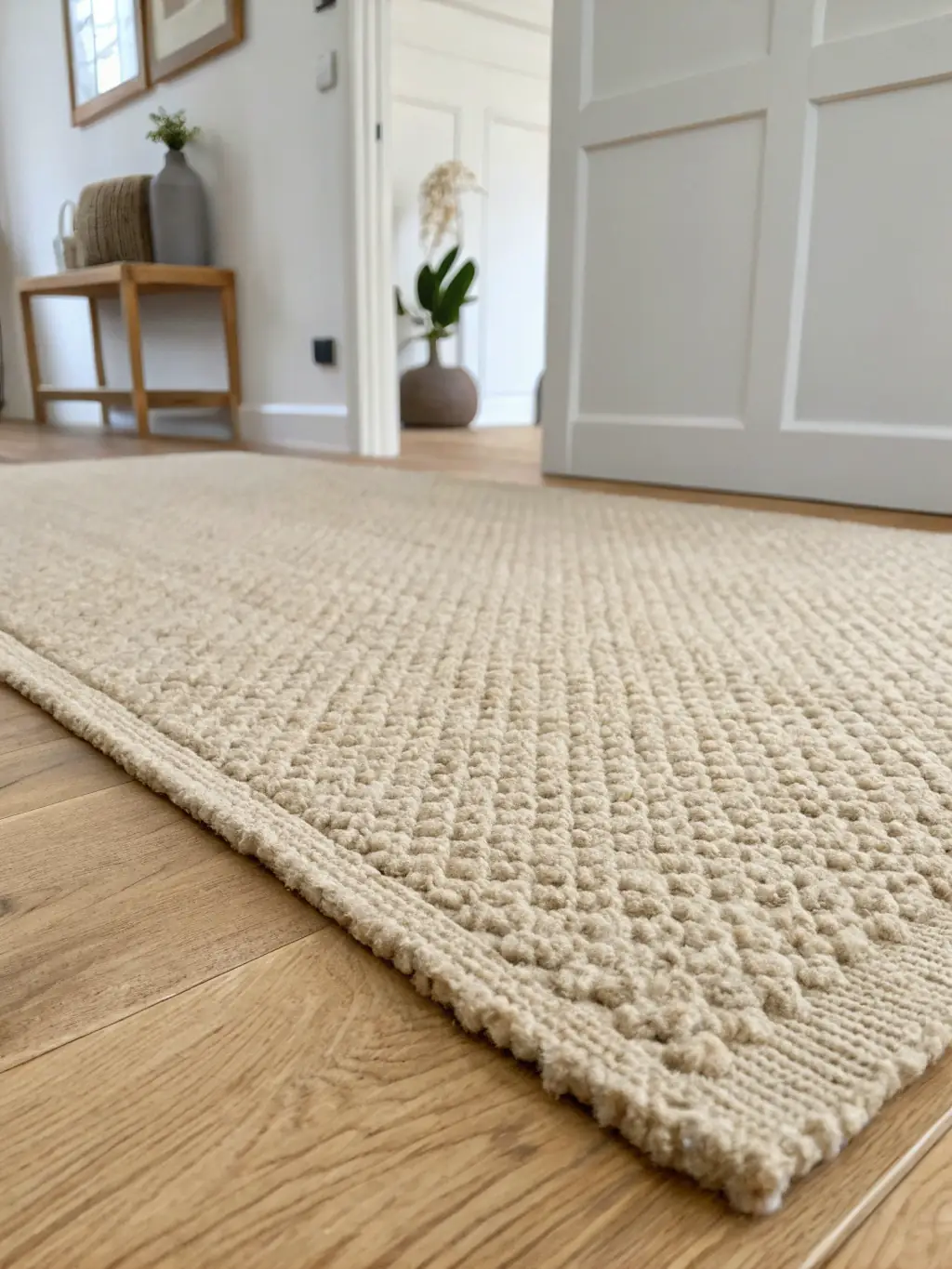 A detailed shot of a beige boucle rug, highlighting its intricate loop design and durable construction. The rug is placed on a dark wooden floor, creating a contrast.